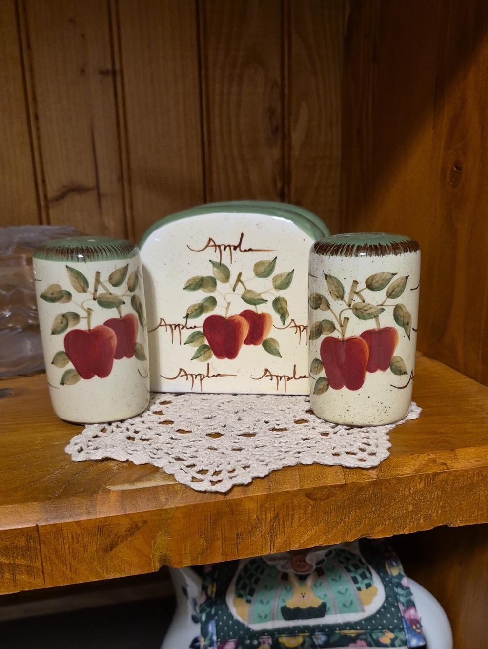 Home Interiors Red Apple Ceramic Salt and Pepper Shakers with Napkin Holder
